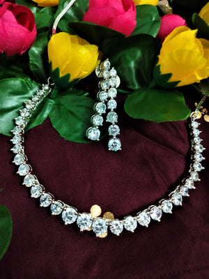 N01176_Grand Lovely designer Silver polished Necklace Set  embellished with American diamond stones with delicate white Stones .