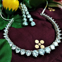 N01176_Grand Lovely designer Silver polished Necklace Set  embellished with American diamond stones with delicate white Stones .