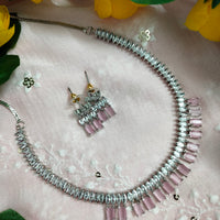 N01187_Grand Lovely designer Silver polished Necklace Set  embellished with American diamond stones with delicate Pink Stones .