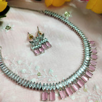 N01187_Grand Lovely designer Silver polished Necklace Set  embellished with American diamond stones with delicate Pink Stones .