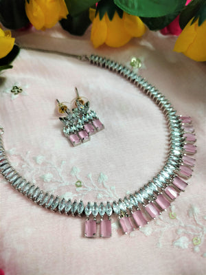 N01187_Grand Lovely designer Silver polished Necklace Set  embellished with American diamond stones with delicate Pink Stones .