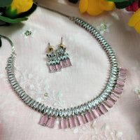 N01187_Grand Lovely designer Silver polished Necklace Set  embellished with American diamond stones with delicate Pink Stones .