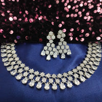 N01180_Grand Lovely designer Silver polished Necklace Set  embellished with American diamond stones with delicate white Stones .