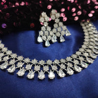 N01180_Grand Lovely designer Silver polished Necklace Set  embellished with American diamond stones with delicate white Stones .