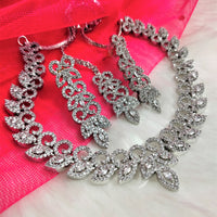 N01181_Grand Lovely designer Silver polished Necklace Set  embellished with American diamond stones with delicate white Stones .