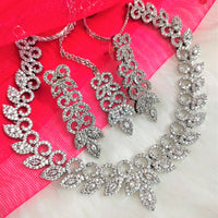 N01181_Grand Lovely designer Silver polished Necklace Set  embellished with American diamond stones with delicate white Stones .