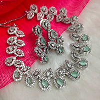 N01191_Grand Lovely designer Silver polished Necklace Set  embellished with American diamond stones with delicate Mint Green Stones .