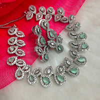 N01191_Grand Lovely designer Silver polished Necklace Set  embellished with American diamond stones with delicate Mint Green Stones .