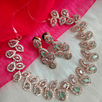 N01190_Grand Lovely designer Rose Gold polished Necklace Set  embellished with American diamond stones with delicate Mint Green Stones .