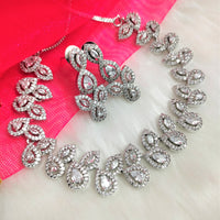 N01182_Grand Lovely designer Silver polished Necklace Set  embellished with American diamond stones with delicate white Stones .