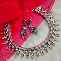 N01185_Grand Lovely designer Silver polished Necklace Set  embellished with American diamond stones with delicate Pink Stones .