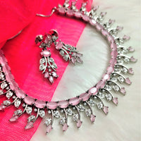 N01185_Grand Lovely designer Silver polished Necklace Set  embellished with American diamond stones with delicate Pink Stones .