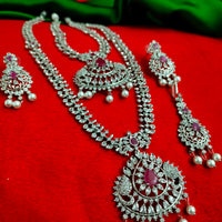 N01201_Elegant design Silver Polished American Diamond choker necklace studded with beautiful dazzling stones with delicate pink work.