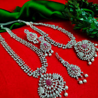 N01201_Elegant design Silver Polished American Diamond choker necklace studded with beautiful dazzling stones with delicate pink work.