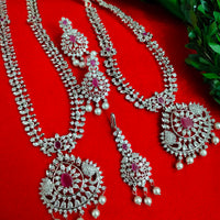 N01201_Elegant design Silver Polished American Diamond choker necklace studded with beautiful dazzling stones with delicate pink work.