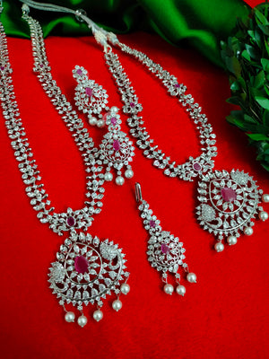 N01201_Elegant design Silver Polished American Diamond choker necklace studded with beautiful dazzling stones with delicate pink work.