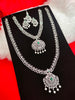 N01202_Elegant design Silver Polished American Diamond choker necklace studded with beautiful dazzling stones with delicate green work.