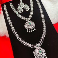 N01202_Elegant design Silver Polished American Diamond choker necklace studded with beautiful dazzling stones with delicate green work.