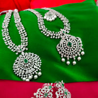 N01202_Elegant design Silver Polished American Diamond choker necklace studded with beautiful dazzling stones with delicate green work.