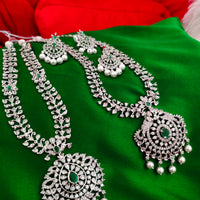 N01202_Elegant design Silver Polished American Diamond choker necklace studded with beautiful dazzling stones with delicate green work.