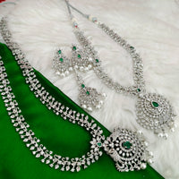 N01202_Elegant design Silver Polished American Diamond choker necklace studded with beautiful dazzling stones with delicate green work.