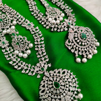 N01202_Elegant design Silver Polished American Diamond choker necklace studded with beautiful dazzling stones with delicate green work.