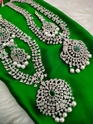 N01202_Elegant design Silver Polished American Diamond choker necklace studded with beautiful dazzling stones with delicate green work.