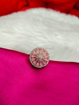 R094_Elegant flowery design circular rose gold American Diamond studded statement ring with a touch of pink stones.