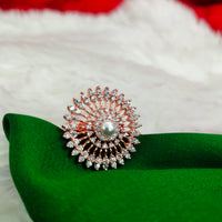 R092_Elegant flowery design circular rose gold American Diamond studded statement ring with a touch of sea green stones.