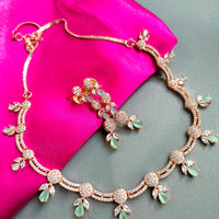 N01192_Grand Lovely designer Rose Gold polished Necklace Set  embellished with American diamond stones with delicate Mint Green Stones .