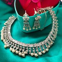 N01147_Grand Lovely designer Silver polished choker necklace embellished with American diamond stones with delicate white and pearl work.