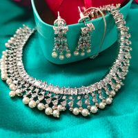 N01147_Grand Lovely designer Silver polished choker necklace embellished with American diamond stones with delicate white and pearl work.