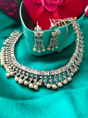 N01147_Grand Lovely designer Silver polished choker necklace embellished with American diamond stones with delicate white and pearl work.