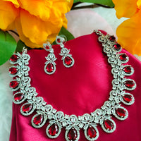 N01114_Lovely designer rodium polished choker necklace embellished with American diamond stones with delicate red stone work.