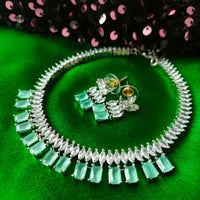 N01251_Gorgeous  designer silver polished american diamond embellished necklace set with a touch of  mint green stones.