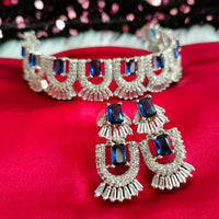 N02001_Classic silver polished choker style crafted design necklace set embellished with  blue stones .