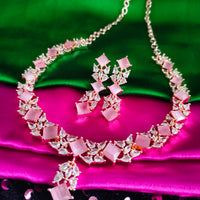 N02012_Gorgeous  designer rose gold polished American diamond embellished choker necklace set with a touch of baby pink stones.