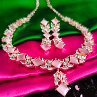 N02012_Gorgeous  designer rose gold polished American diamond embellished choker necklace set with a touch of baby pink stones.