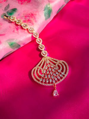 M046_Lovely designer  American diamond studded rose gold polished Maang tika with a touch of white stones.