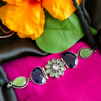 N02006_Exquisite pure German silver Oxidized choker necklace set studded with stones with a touch of green stones