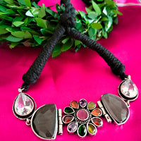 N02006_Exquisite pure German silver Oxidized choker necklace set studded with stones with a touch of green stones