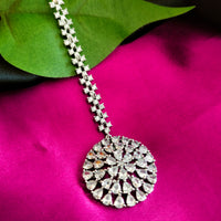 M051_Lovely designer  American diamond studded silver  polished Maang tika with a touch of white stones.