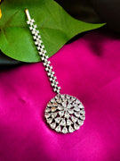 M051_Lovely designer  American diamond studded silver  polished Maang tika with a touch of white stones.