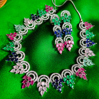 N03006_Classic Silver polished choker style flower crafted design necklace set embellished with  multicolor stones .