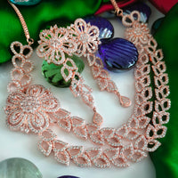 N03003_Classic Rose gold polished choker style crafted design necklace set embellished with  white stones .