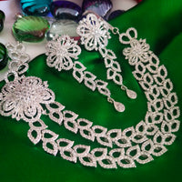 N03004_Classic Silver polished choker style crafted design necklace set embellished with  white stones .