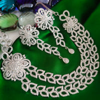 N03004_Classic Silver polished choker style crafted design necklace set embellished with  white stones .