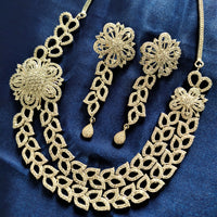 N03004_Classic Silver polished choker style crafted design necklace set embellished with  white stones .