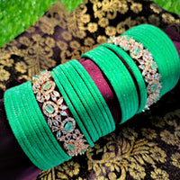 B02004_Elegant flowery design Bangles studded with American Diamond stones with a touch of mint green stones with delicate stone work. Also 2 Dozens of mint green velvet bangles