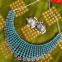 N03021_ Gorgeous German silver oxidized choker necklace with sky stones design.